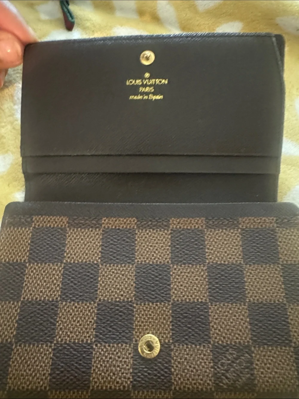 Louis Vuitton Damier Ebene Brown Checkered Wallet with Gold Hardware